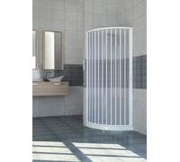 Cabina de ducha de una puerta con apertura lateral semicircular. Fabricado en PVC no tóxico autoextinguible. Reducible a través del corte del riel. Color blanco.