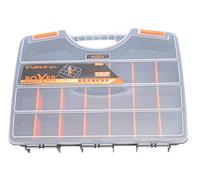 Boxer® Caja de Almacenamiento con 21 Compartimentos - 31x24x5 cm - Separadores Ajustables - Plástico Resistente - Negro/Naranja/Transparente
