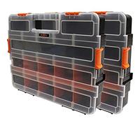 Boxer® Caja organizadora con 15 compartimentos - Pack de 2 | Caja de herramientas de plástico PP con separadores ajustables 37,4x29,4x6,6 cm - Negra/naranja/transparente