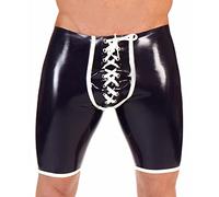 Boxer in lattice sexy nero con allacciatura sul fondo degli slip di gomma anteriori, blu lago con bianco, maschio M