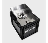 BOXIO - Cook: hornillo de camping todo en uno de acero inoxidable con espacio de almacenamiento y protección contra el viento, cartuchos de gas para camping, exterior, Vanlife y como hornillo de