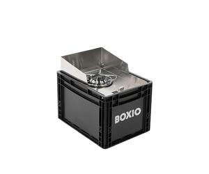 BOXIO - Cook: hornillo de camping todo en uno de acero inoxidable con espacio de almacenamiento y protección contra el viento, cartuchos de gas para camping, exterior, Vanlife y como hornillo de