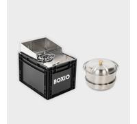 BOXIO - COOK Plus: set de iniciación para camping con espacio de almacenamiento, protección contra el viento y juego de ollas de camping, cartuchos de gas para camping, exteriores, Vanlife y como