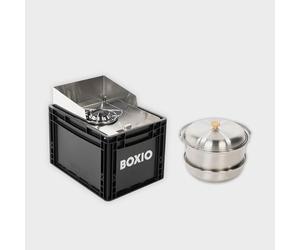 BOXIO - COOK Plus: set de iniciación para camping con espacio de almacenamiento, protección contra el viento y juego de ollas de camping, cartuchos de gas para camping, exteriores, Vanlife y como