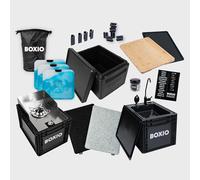 BOXIO - Paquete de cocina: cocina de camping móvil sin electricidad con caja de cocina, lavabo y hornillo de gas con accesorios para exteriores, tabla de cortar, acumuladores de frío, cojín de asiento