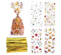 BOXOB 100 Pzs Bolsas de Galletas Florales, 4 Estilos Bolsas de Celofán para Golosinas Fiesta Flores Silvestres con Bridas Suministro Empaquetado Regalo Galletas Caramelo para Todas las Fiestas