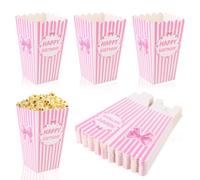 BOXOB 24uds Cajas Palomitas Lazo Rosa, Pequeñas Bolsas Palomitas a Rayas Blancas y Rosadas Happy Birthday Cartulina Contenedores Snacks Dulces para Noche Cine Suministros Favoritos Fiesta Cumpleaños