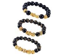 BOXOB 3pzs Pulseras de Riqueza Feng Shui, Obsidiana Imitación Pulsera de Buena Suerte con Amuletos Pixiu para Protección Trae Suerte y Riqueza Oro y Negro Joyas de Cuentas para Hombres Mujeres