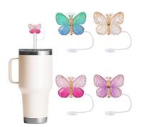 BOXOB 4uds Tapa de Paja Mariposa para Accesorios Stanley Cup, Bonitos Adornos de Paja con Purpurina Protectores de Silicona para Vaso 40 & 30oz 10mm Pajitas