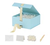 BoxSkivra Caja de regalo azul con cinta, 1 paquete de 6 x 6 x 3 pulgadas, caja de regalo pequeña con tapa, cierre magnético, caja de regalo rectangular plegable de lujo para regalos de boda, relleno