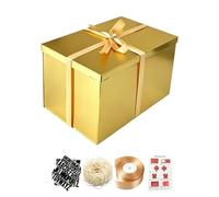 BoxSkivra Caja de regalo extragrande de 17 x 11 x 10.2 pulgadas, caja de regalo dorada con tapa para Navidad, aniversario, cumpleaños, cajas de lujo con papel arrugado, cinta, calcomanías del alfabeto