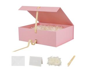 BoxSkivra Caja de regalo grande rosa con cinta, 1 paquete de 16.5 x 13 x 5.3 pulgadas, caja de regalo extragrande con tapa, cierre magnético, caja de regalo rectangular plegable de lujo para el día de