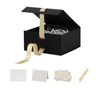 BoxSkivra Caja de regalo negra con cinta, 1 paquete de 6 x 6 x 3 pulgadas, caja de regalo pequeña con tapa, cierre magnético, rectangular, plegable, caja de regalo de lujo, relleno de papel triturado