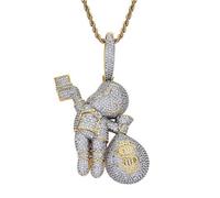 Boy Hand Holding US Dollarm, Monedero Circón Collar Colgante Hombres Hip Hop Collar18K Oro Micro Incrustaciones Completo Circón Joyería-gold+Silver