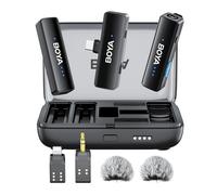 BOYA BOYALINK 2 Micrófono lavalier inalámbrico, micrófono de solapa con clip dual, funda de carga Lightning/USB-C/3.5 mm, batería 30 horas