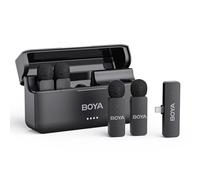 BOYA BY-V4D Micrófono Lavalier inalámbrico para iPhone iPad con funda de carga, batería de 18 horas de duración, rango de 650 pies, micrófonos de solapa omnidireccionales con cancelación de ruido de 4