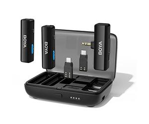 BOYA Micrófono Lavalier inalámbrico dual de 2.4 GHz para cámara DLSR/iPhone/Android, micrófono inalámbrico de doble solapa para transmisión en vivo, video, vlog, podcast (TX+TX+RX)