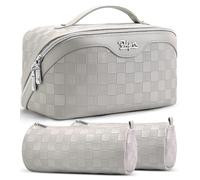 BOYATU Bolsa organizadora de maquillaje de viaje: 3 bolsas de maquillaje para mujer con asa, bolsas de aseo impermeables de cuero vegano con compartimentos, 06-Gris, Viajes