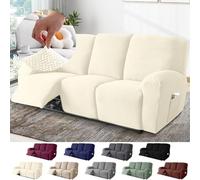 BOYIFEIJIE Funda Sofa Relax Reclinable 3 Plazas, Funda Sofa Relax con Bolsillos, Fundas Elástica de Jacquard a Rayas Diseño Todo Incluido para Sofa Reclinable (Beige, 8-Piezas)