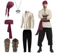 BOYIFEIJIE Juego de disfraz de pirata, 8 piezas de ropa medieval para hombre, ropa medieval para hombre, disfraz de pirata vikingo para carnaval, Halloween y fiestas de cosplay