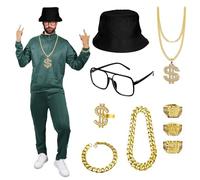 Boyigog Conjunto de disfraz de rapero de los años 90 para hombre, 11 piezas con chándal hip hop a rayas verdes, sombrero de pescador, anillos, collar, pulsera, disfraz de Halloween, conciertos de rap