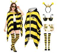 Boyigog Disfraz de abeja de Halloween para adultos, 5 piezas, traje de abeja para mujer, capa con capucha, gafas de sol, diadema, calcetines a rayas, disfraz de abeja para Halloween, cosplay, fiesta