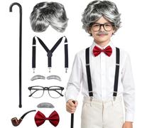 Boyigog Disfraz de anciano para Halloween, disfraz de abuelo de 7 piezas con peluca, barba falsa, cejas, pajarita, disfraz de abuelo para Halloween, carnaval, fiesta de cosplay