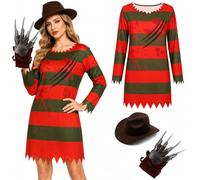 Boyigog Disfraz de asesino en serie para mujer, 3 piezas, vestido de rayas, sombrero de explorador, garras aterradoras, traje de terror para adultos, para fiestas de disfraces de Halloween
