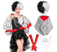 Boyigog Disfraz de dálmata para mujer, 7 unidades con peluca blanca y negra, bufanda con guantes rojos, collar, pulsera, Halloween, carnaval, dálmata, cosplay, animal, fiesta