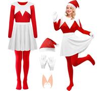Boyigog Disfraz de elfo para adultos, 7 piezas, disfraz de Navidad para mujer, con bufanda, parte superior, falda corta, guantes, orejas de elfo, calcetines, sombrero de Papá Noel, vestido rojo para