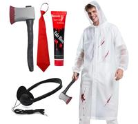 Boyigog Disfraz de impermeable para adultos con impermeable transparente de Halloween, corbata roja, auriculares, accesorio de hacha de plástico, sangre falsa, disfraz de fiesta de terror para fiestas