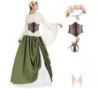 Boyigog Ropa medieval para mujer con orejas de elfo para adultos, vestido de elfo, falda larga, accesorios medievales, camisa, corona de flores, corsé, Halloween, carnaval, cosplay, ropa medieval para