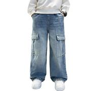 Boys Cargo Jeans Kids Elastic High Rise Wide Leg Baggy Denim Trousers with Pockets Vintage Teen Boys Loose Fit Carpenter Jeans Children Relaxed Casual School Trousers