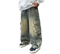 Boys Cargo Jeans Kids Elastic Waist Straight Wide Leg Baggy Denim Trousers Boy Washed Distressed Loose Fit Casual Denim Pants with Pockets Youth Vintage Y2K Hip Hop Streetwear