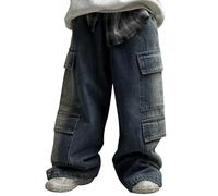 Boys Cargo Jeans Kids Elastic Waist Wide Leg Baggy Denim Trousers with Pockets Trendy Teens Boys Washed Straight Leg Casual Denim Pants Vintage Y2K Hip Hop Streetwear