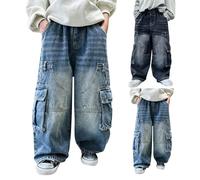 Boys Cargo Jeans Kids Elastic Waist Wide Straight Leg Baggy Denim Pants with Multi Pockets Teen Boys Loose Fit Distressed Casual School Trousers Trendy Y2K Streetwear