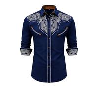 Boys Western Print Shirt Cowboy Style Long Sleeve Button Down Casual Top For Kids (Navy-d, 8-9 Years)