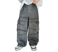 Boys Wide Leg Cargo Jeans Kids High Elastic Waist Baggy Denim Trousers with Multi Pocket Retro Y2K Hip Hop Streetwear Teen Boys Loose Fit Washed Distressed Casual Athletic Joggers