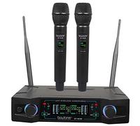 Boytone Sistema de micrófono inalámbrico, juego de micrófono inalámbrico UHF dual, larga distancia 150-200 pies, 16 horas continuas, frecuencia fija, para cantar karaoke, iglesia, fundas de transporte