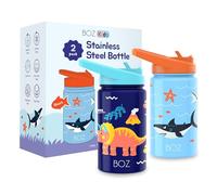 BOZ Botella Agua Niños con Pajita - Botella Agua Acero Inoxidable 414 ml, Botella Térmica Aislamiento Doble Pared Sin BPA, Botella Isotérmica Antiderrame con Asa (Paquete de Dos, Tiburón/Dinosaurio)