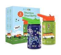 BOZ Botella Agua Niños con Pajita - Botella Agua Acero Inoxidable 414 ml, Botella Térmica Aislamiento Doble Pared Sin BPA, Botella Isotérmica Antiderrame con Asa (Paquete de Dos, Juego/Coches)