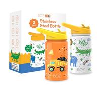 BOZ Botella Agua Niños con Pajita - Botella Agua Acero Inoxidable 414 ml, Botella Térmica Aislamiento Doble Pared Sin BPA, Botella Isotérmica Antiderrame (Paquete de Dos, Construcción/Safari)