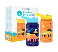 BOZ Botella de agua aislada para niños con tapa con popote, paquete de dos unidades, construcción/dinosaurios, taza de agua de doble pared de acero inoxidable, 414 ml, resistente a los arañazos y asa