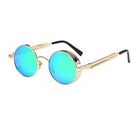 BOZEVON Punk Gafas de sol Redondas - Gafas de sol Retro Clásicas de Ciclismo de Metal Para Mujeres y Hombres Oro-Verde Espejo