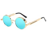 BOZEVON Punk Gafas de sol Redondas - Gafas de sol Retro Clásicas de Ciclismo de Metal Para Mujeres y Hombres Oro-Azul