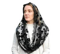 Bozidol Mantilla Tradicional de Estilo Vintage con Flores Negras en Encaje Flocked, Velos Infinito para Capilla de Iglesia, Mantilla Católica para Misa Latina, Cobertura para la Cabeza
