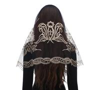 Bozidol Mantilla Tradicional Triangular para la Iglesia - Estilo Español con Bordado del Santo Grial, Velo de Encaje para Mujer (Negro-Dorado -2)