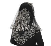 Bozidol Velo Triangular de Encaje para Iglesia - Mantilla Tradicional de Encaje Negro y Dorado, Bordado de la Sagrada Familia, Velos de Capilla para Misa Católica para Mujeres