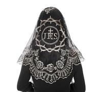 Bozidol Velo Vintage Triangular de Tul - Religioso de Tul con Bordado de Jesús y Camelia, Velo Vintage de Bendición Triangular
