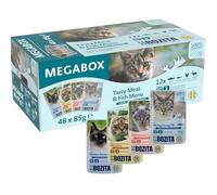 BOZITA MEGAPACK - Canapés para Gato en Salsa en Bolsa de porciones Megabox 48 x 85 g - Super Sabroso, sin Cereales, sin azúcar - 12 Renos, Pollo, salmón, Arenque